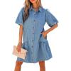 image:imagechouyatou Women Summer Casual Puff Sleeve Short Denim Dress Ruffle Cute ALine Button Down Jean Shirt DressBlue