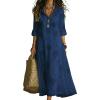image:imagechouyatou Womens Boho Ruffle Floral Embroidery Shirt Dress Rolled Up Long Sleeve Casual Loose Beach Maxi Tunic DressNavy