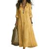 image:imagechouyatou Womens Boho Ruffle Floral Embroidery Shirt Dress Rolled Up Long Sleeve Casual Loose Beach Maxi Tunic DressYellow