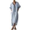 image:imagechouyatou Womens Boho V Neck Striped Maxi Shirt Dress Casual Loose Short Sleeve Cotton Linen Pleated Beach Long DressLight Blue