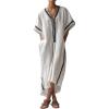 image:imagechouyatou Womens Boho V Neck Striped Maxi Shirt Dress Casual Loose Short Sleeve Cotton Linen Pleated Beach Long DressWhite