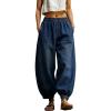 image:imagechouyatou Womens Boyfriend Loose Jeans Elastic Waist Wide Leg Palazzo Lantern Harem Pants with PocketsDark Blue