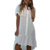image:imagechouyatou Womens Button Up High Low Ruffle Hem Shirt Dress Short Sleeve Tunic Shift Midi Long Dress with PocketsWhite