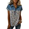 image:imagechouyatou Womens Retro Floral Printed Denim Polo Shirt Casual Button Up Short Sleeve Jean T Shirt Blouse TopsGray