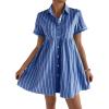 image:imagechouyatou Womens Summer Babydoll Short Sleeve Cotton Dress Notch Neck Flare Striped Midi Shirt DressDark Blue
