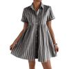 image:imagechouyatou Womens Summer Babydoll Short Sleeve Cotton Dress Notch Neck Flare Striped Midi Shirt DressDark Grey