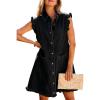 image:imagechouyatou Womens Summer Cute Ruffle Denim Dress Sleeveless ALine Short Button Down Jean Shirt DressBlack
