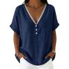 image:imagechouyatou Womens Summer Lace Eyelet Cotton Linen Shirts Half Button Short Sleeve Blouses Pullover TopsDark Blue
