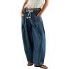 image:imagechouyatou Womens Wide Leg Drawstring Jeans Elastic Waist Baggy Jeans Boyfriend Loose Harem Denim Pants with PocketsRetro Blue