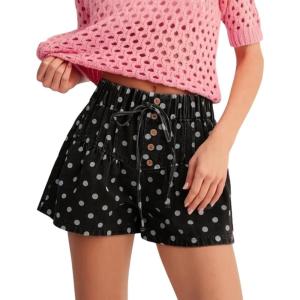 image:imagechouyatou Women Summer Polka Dot Jean Shorts High Waisted Cute Floral Elastic Waist Wide Leg Denim ShortsBlack