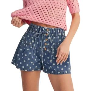 image:imagechouyatou Women Summer Polka Dot Jean Shorts High Waisted Cute Floral Elastic Waist Wide Leg Denim ShortsBlue