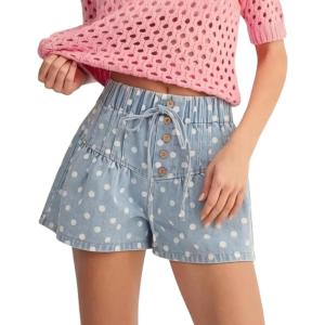 image:imagechouyatou Women Summer Polka Dot Jean Shorts High Waisted Cute Floral Elastic Waist Wide Leg Denim ShortsLight Blue