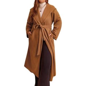 image:imagechouyatou Womens 2025 Faux Suede Leather Trench Coat Open Front Shawl Collar Midi Long Pea Coat with BeltBrown