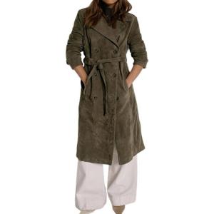 image:imagechouyatou Womens 2025 Winter Faux Suede Long Trench Coat Double Breasted Business Casual Pea Coat OvercoatArmy Green