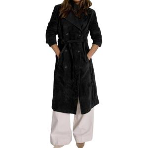 image:imagechouyatou Womens 2025 Winter Faux Suede Long Trench Coat Double Breasted Business Casual Pea Coat OvercoatBlack