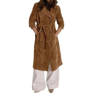 image:imagechouyatou Womens 2025 Winter Faux Suede Long Trench Coat Double Breasted Business Casual Pea Coat OvercoatBrown