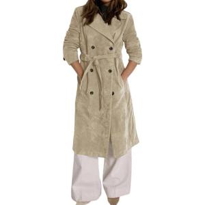 image:imagechouyatou Womens 2025 Winter Faux Suede Long Trench Coat Double Breasted Business Casual Pea Coat OvercoatLight Khaki