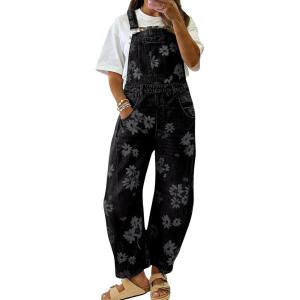image:imagechouyatou Womens Adjustable Strap Floral Denim Overalls Barrel Jeans Boyfriend Y2K Wide Leg Onesies Denim Pant JumpsuitBlack