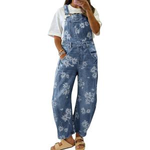 image:imagechouyatou Womens Adjustable Strap Floral Denim Overalls Barrel Jeans Boyfriend Y2K Wide Leg Onesies Denim Pant JumpsuitBlue