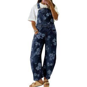 image:imagechouyatou Womens Adjustable Strap Floral Denim Overalls Barrel Jeans Boyfriend Y2K Wide Leg Onesies Denim Pant JumpsuitDark Blue