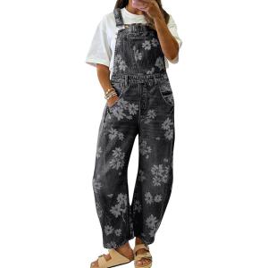 image:imagechouyatou Womens Adjustable Strap Floral Denim Overalls Barrel Jeans Boyfriend Y2K Wide Leg Onesies Denim Pant JumpsuitGrey