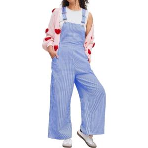 image:imagechouyatou Womens Adjustable Strap Striped Overall Wide Leg Baggy Casual One Piece Pant JumpsuitsBlue