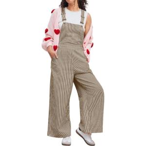 image:imagechouyatou Womens Adjustable Strap Striped Overall Wide Leg Baggy Casual One Piece Pant JumpsuitsCoffee