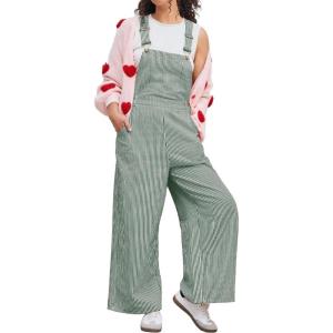 image:imagechouyatou Womens Adjustable Strap Striped Overall Wide Leg Baggy Casual One Piece Pant JumpsuitsGreen