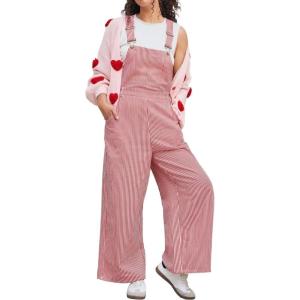 image:imagechouyatou Womens Adjustable Strap Striped Overall Wide Leg Baggy Casual One Piece Pant JumpsuitsRed
