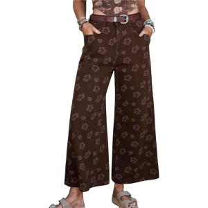 image:imagechouyatou Womens Baggy Wide Leg Floral Jeans Y2K Boyfriend Denim Ankle Boho Pants Palazzo Cropped JeansBrown