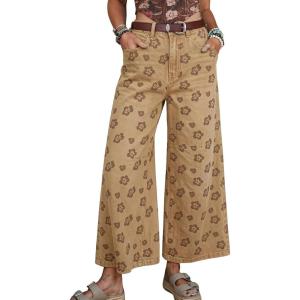 image:imagechouyatou Womens Baggy Wide Leg Floral Jeans Y2K Boyfriend Denim Ankle Boho Pants Palazzo Cropped JeansKhaki