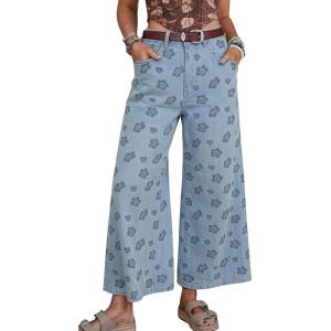 image:imagechouyatou Womens Baggy Wide Leg Floral Jeans Y2K Boyfriend Denim Ankle Boho Pants Palazzo Cropped JeansLight Blue