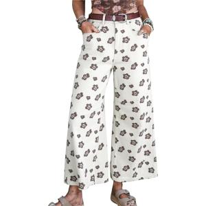 image:imagechouyatou Womens Baggy Wide Leg Floral Jeans Y2K Boyfriend Denim Ankle Boho Pants Palazzo Cropped JeansWhite