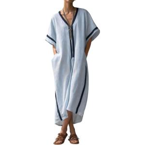 image:imagechouyatou Womens Boho V Neck Striped Maxi Shirt Dress Casual Loose Short Sleeve Cotton Linen Pleated Beach Long DressLight Blue