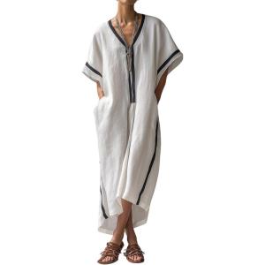 image:imagechouyatou Womens Boho V Neck Striped Maxi Shirt Dress Casual Loose Short Sleeve Cotton Linen Pleated Beach Long DressWhite