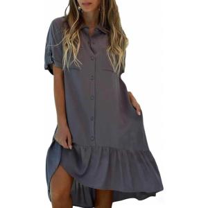 image:imagechouyatou Womens Button Up High Low Ruffle Hem Shirt Dress Short Sleeve Tunic Shift Midi Long Dress with PocketsGray