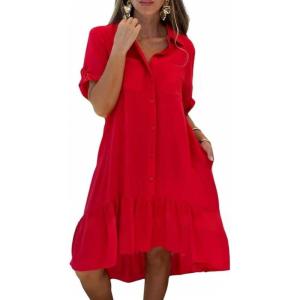image:imagechouyatou Womens Button Up High Low Ruffle Hem Shirt Dress Short Sleeve Tunic Shift Midi Long Dress with PocketsRed