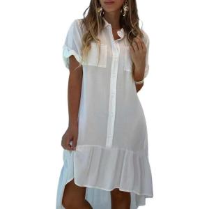 image:imagechouyatou Womens Button Up High Low Ruffle Hem Shirt Dress Short Sleeve Tunic Shift Midi Long Dress with PocketsWhite