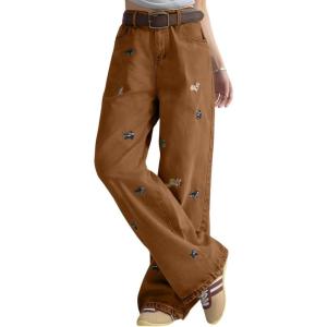 image:imagechouyatou Womens Cute Animal Embroidery Denim Pants Y2K Boyfriend High Waist Patchwork Wide Leg Jeans