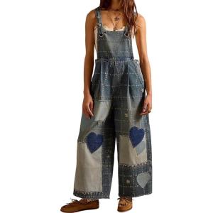 image:imagechouyatou Womens Distressed Adjustable Strap Denim Bib Overalls Jeans Heart Patchwork Wide Leg Denim Pant JumpsuitBlue