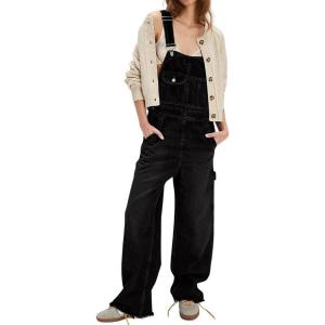 image:imagechouyatou Womens Distressed Denim Bib Overalls Jeans Adjustable Strap Frayed Wide Leg Denim Pants JumpsuitBlack