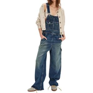 image:imagechouyatou Womens Distressed Denim Bib Overalls Jeans Adjustable Strap Frayed Wide Leg Denim Pants JumpsuitBlue