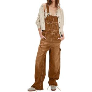 image:imagechouyatou Womens Distressed Denim Bib Overalls Jeans Adjustable Strap Frayed Wide Leg Denim Pants JumpsuitBrown