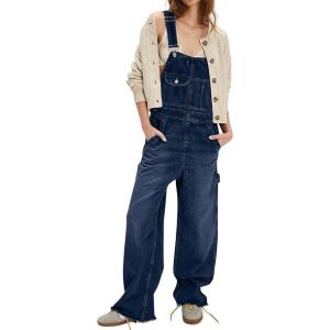 image:imagechouyatou Womens Distressed Denim Bib Overalls Jeans Adjustable Strap Frayed Wide Leg Denim Pants JumpsuitDark Blue
