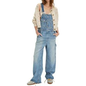 image:imagechouyatou Womens Distressed Denim Bib Overalls Jeans Adjustable Strap Frayed Wide Leg Denim Pants JumpsuitLight Blue