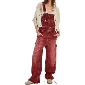 image:imagechouyatou Womens Distressed Denim Bib Overalls Jeans Adjustable Strap Frayed Wide Leg Denim Pants JumpsuitRed