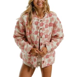 image:imagechouyatou Womens Fall Winter Floral Fuzzy Fleece Jacket Button Down Sherpa Jacket Faux Fur CoatPink