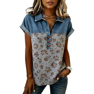 image:imagechouyatou Womens Retro Floral Printed Denim Polo Shirt Casual Button Up Short Sleeve Jean T Shirt Blouse TopsGray
