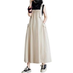 image:imagechouyatou Womens Sleeveless Cotton Overall Dress Loose Baggy Jumper Maxi Tank DressBeige