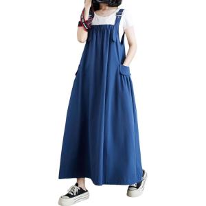 image:imagechouyatou Womens Sleeveless Cotton Overall Dress Loose Baggy Jumper Maxi Tank DressBlue